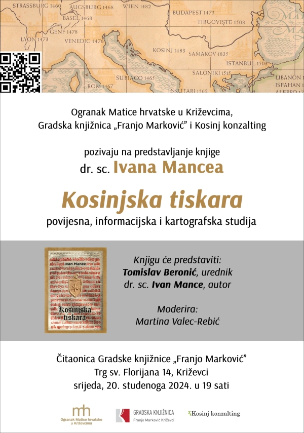 Predstavljanje knjige dr. sc. Ivana Mancea Kosinjska tiskara - povijesna, informacijska i kartografska studija